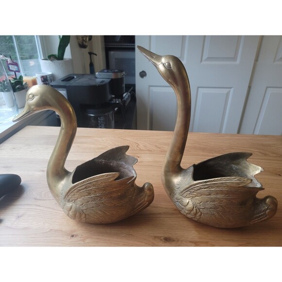 Vintage Swan Long Neck Bird Brass Sculpture Statue Figurine Gold Swan Set Of Two - Picture 6 of 14